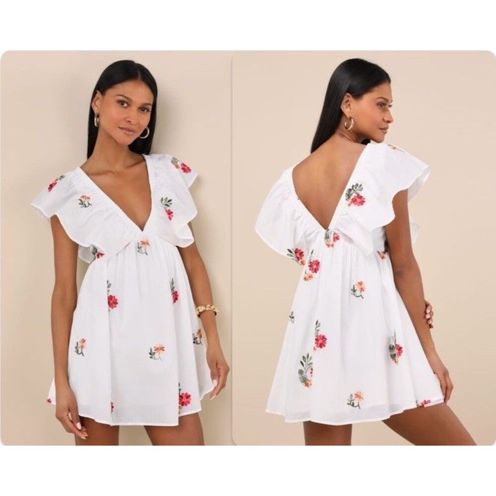 Lulus White Embroidered Flutter Sleeve Mini Dress NWT Size M Medium - Picture 1 of 8